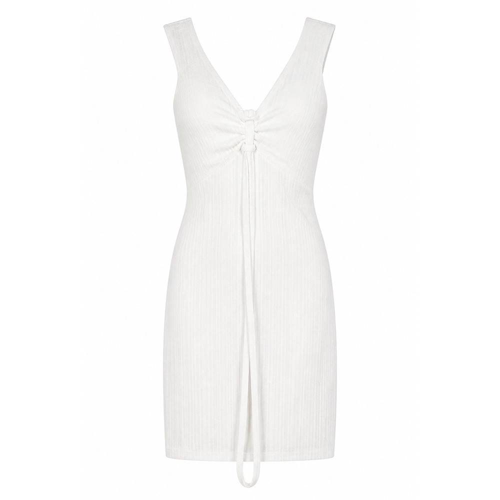 Rumer Sorrento Mini Dress White Ribbed V-Neck Knotted Tie R22206 XS New